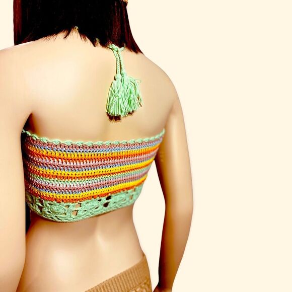 Crochet Multicolor Lace Up Front Tassels Tie Crop Top Handmade -NEW - Picture 3 of 4